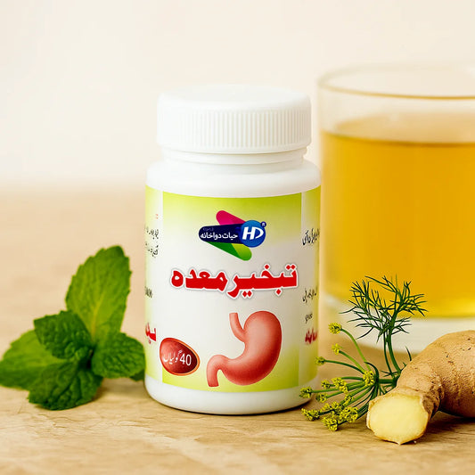 Hayat Dawakhana Tabkheer e Maida digestive tablets shown with mint fennel ginger and a warm cup of herbal tea in a clean wellness setup.