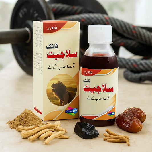 Tonic Salajeet herbal energy and nerve support syrup displayed with ginseng dates Shilajit and mint beside workout accessories.