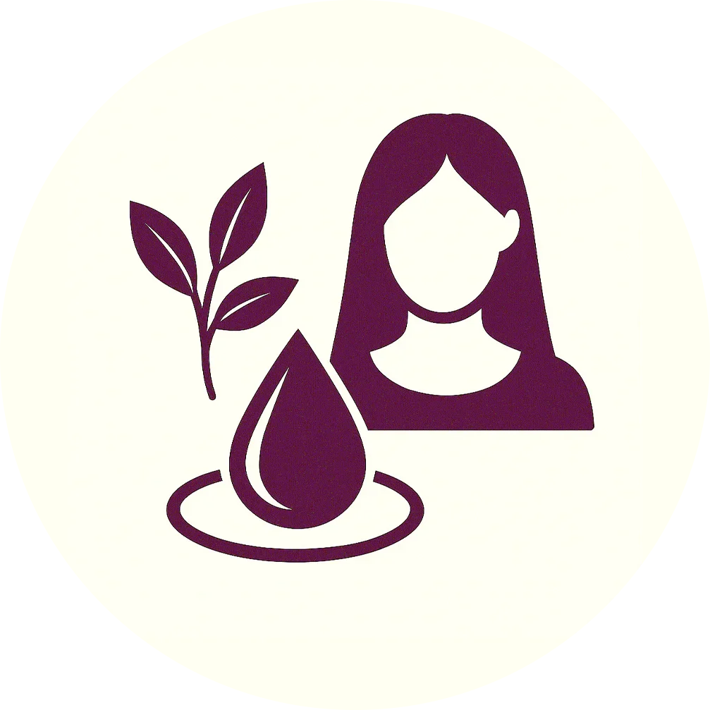 Hair care icon with herbal drop and female silhouette.