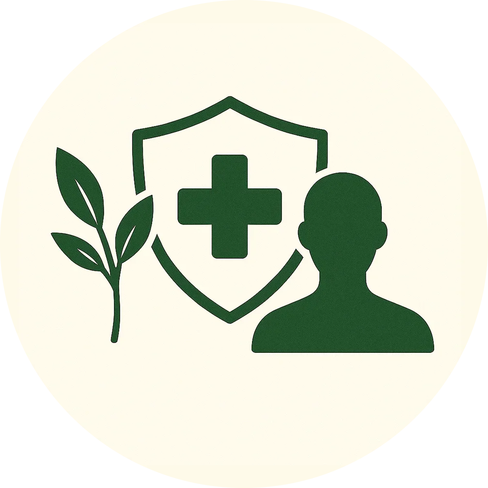 Immunity and wellness icon with shield, person and herbal leaf.