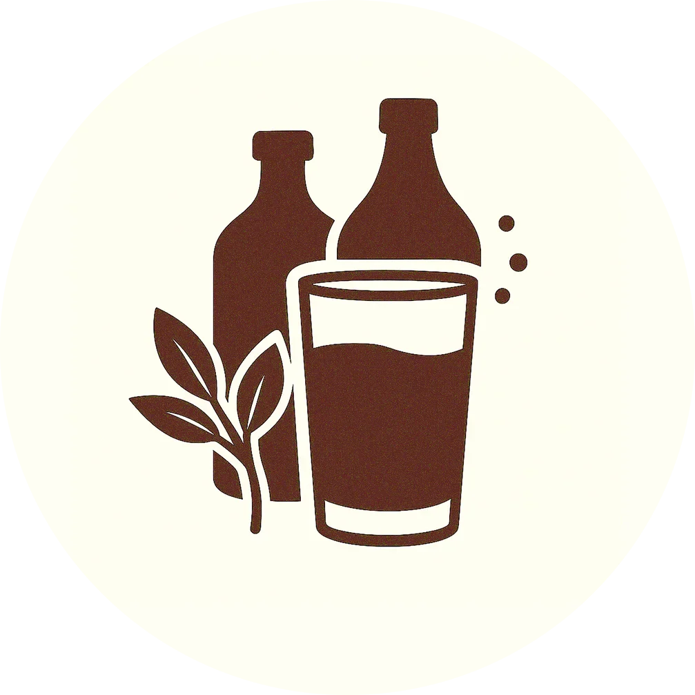 Refreshing herbal drinks icon with bottles, glass, and natural leaves.