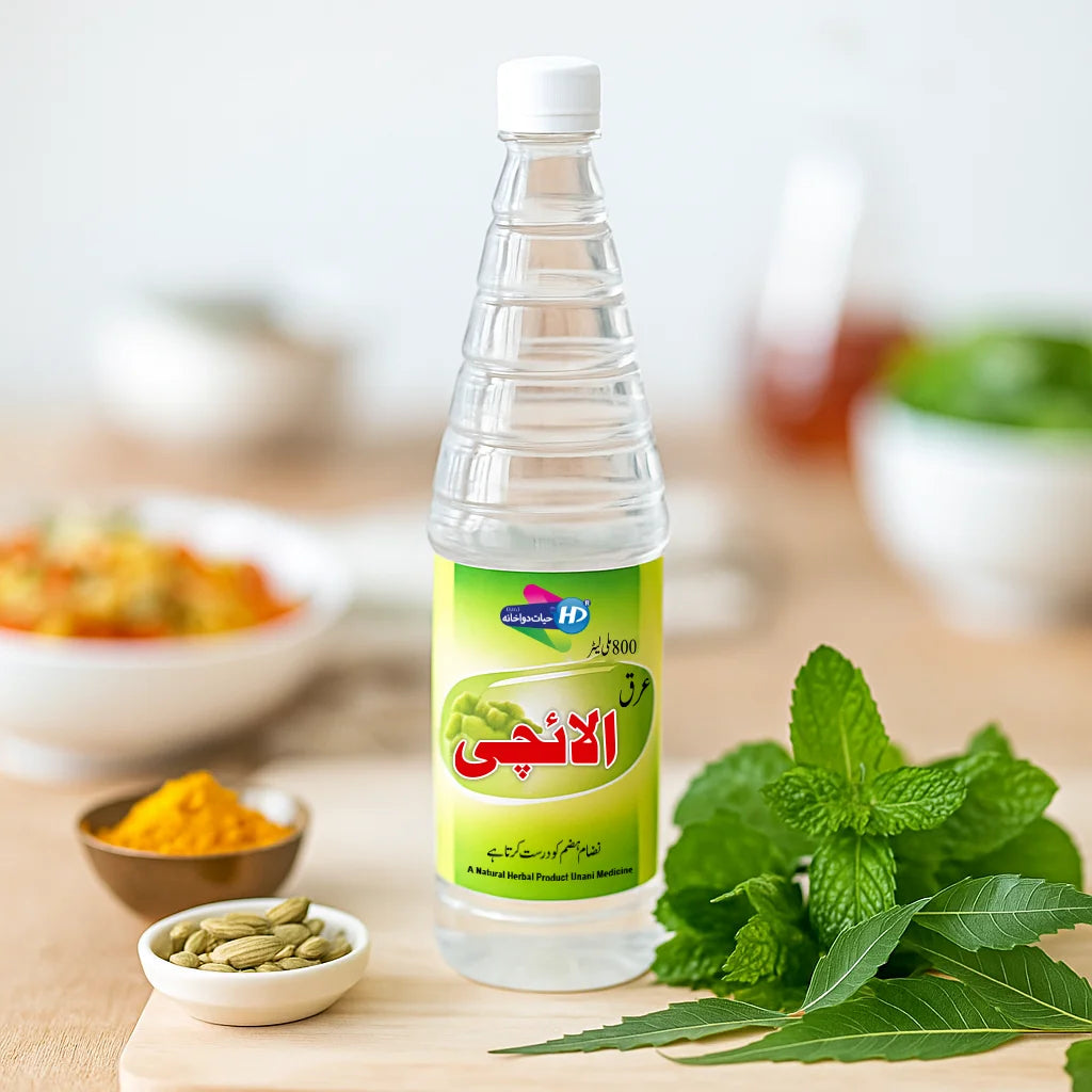 Hayat Dawakhana Arq e Elaichi herbal water shown with cardamom mint turmeric and fresh greens in a clean wellness background.