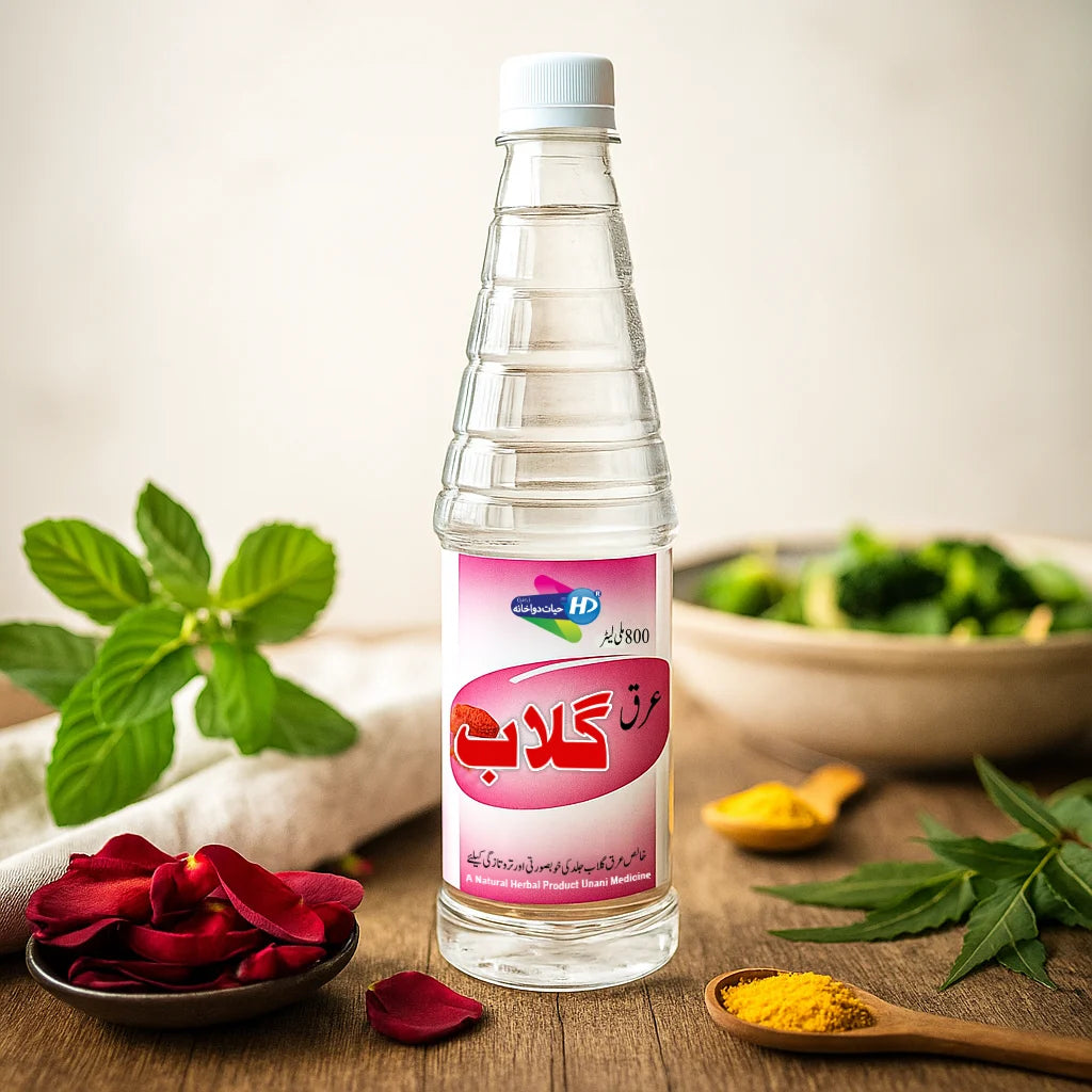 Arq e Gulab natural rose water tonic displayed with petals mint leaves and botanical ingredients in a soothing refreshing setup.