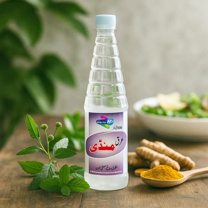 Arq e Mundi natural herbal tonic for skin and health support displayed with mint turmeric and roots in a clean soothing setup.