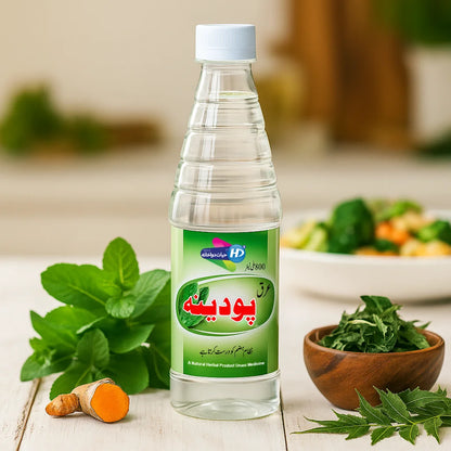 Arq e Podina natural digestive mint tonic displayed with mint leaves turmeric and botanical ingredients in a refreshing health setup.