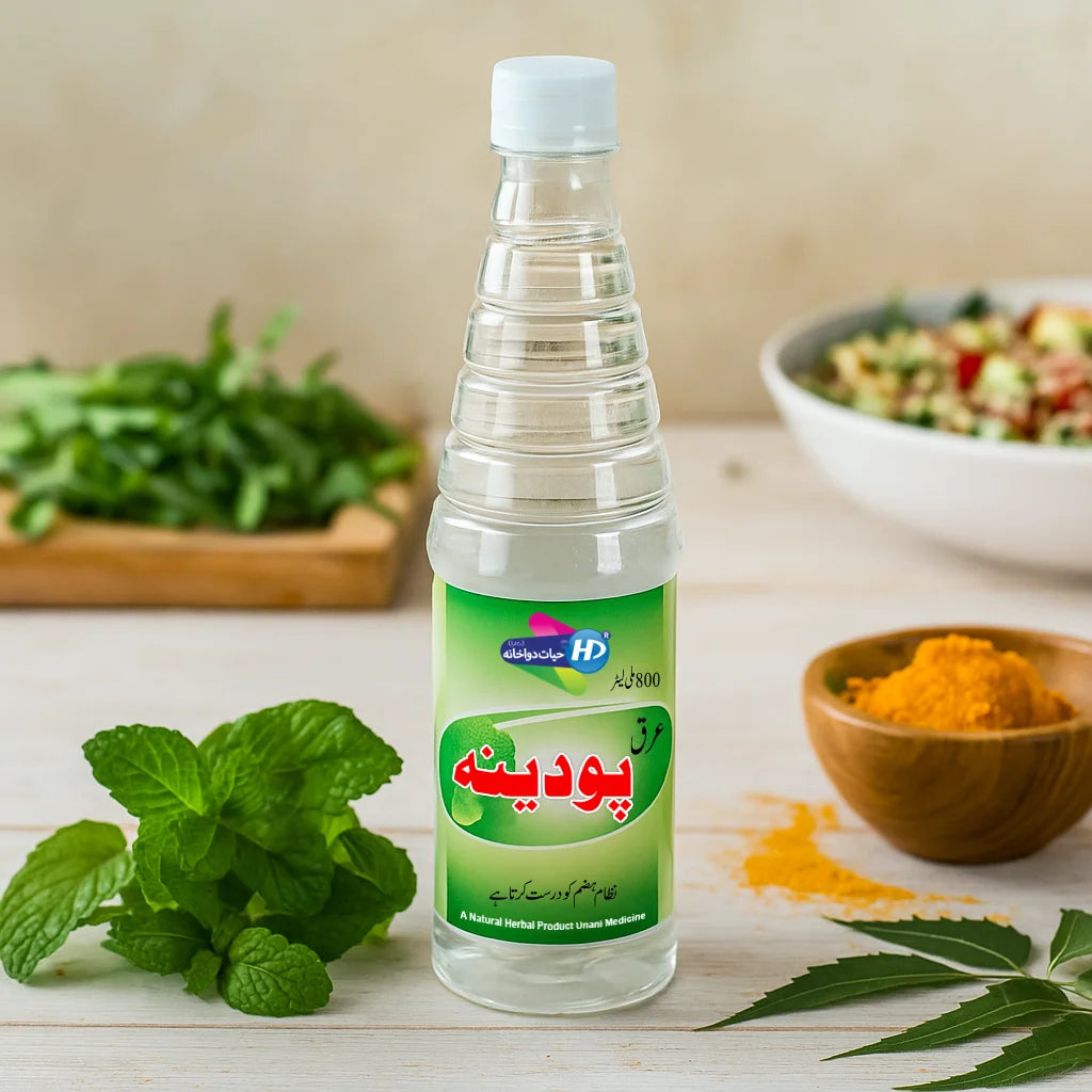 Hayat Dawakhana Arq e Podina mint water shown with fresh mint turmeric and herbal elements in a clean natural wellness background.