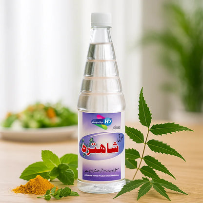 Arq e Shahtra natural blood cleansing and wellness tonic displayed with mint leaves turmeric and herbal ingredients in a soothing health setup.