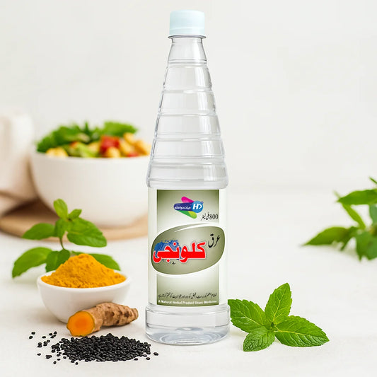 Hayat Dawakhana Arq e Kalonji herbal water shown with black seeds turmeric and mint in a clean natural wellness background.