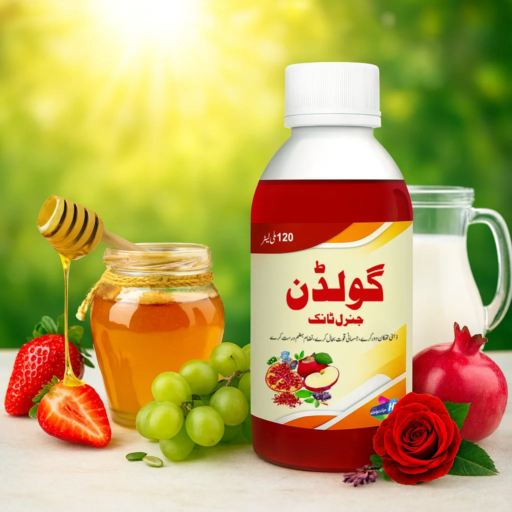 Golden General Tonic bottle with honey jar, strawberries, grapes, pomegranate and milk in a sunny outdoor background.