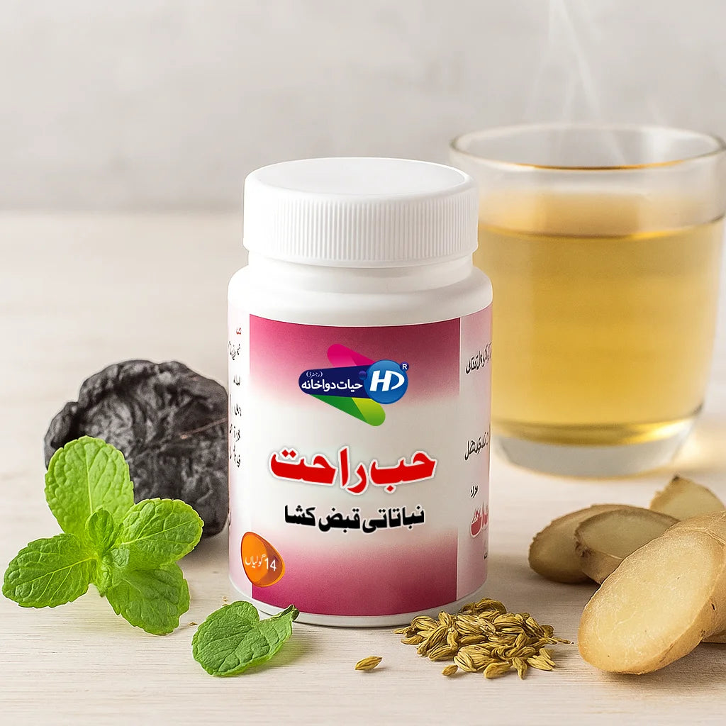 Hayat Dawakhana Hab e Rahat herbal constipation relief tablets shown with mint fennel prunes ginger and warm herbal tea in a clean wellness background.