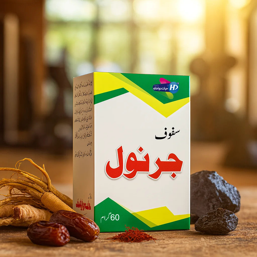 Safoof Jarnol herbal powder by Hayat Dawakhana placed with dates, saffron and asaal herbs on a wooden table in warm natural light – 60 grams