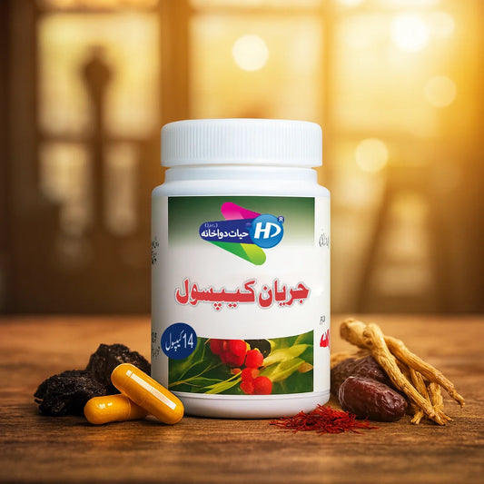 Hayat Dawakhana Jaryan Capsule bottle with 14 capsules, shown alongside saffron, dates, ginseng roots, and herbal ingredients in a warm natural background.