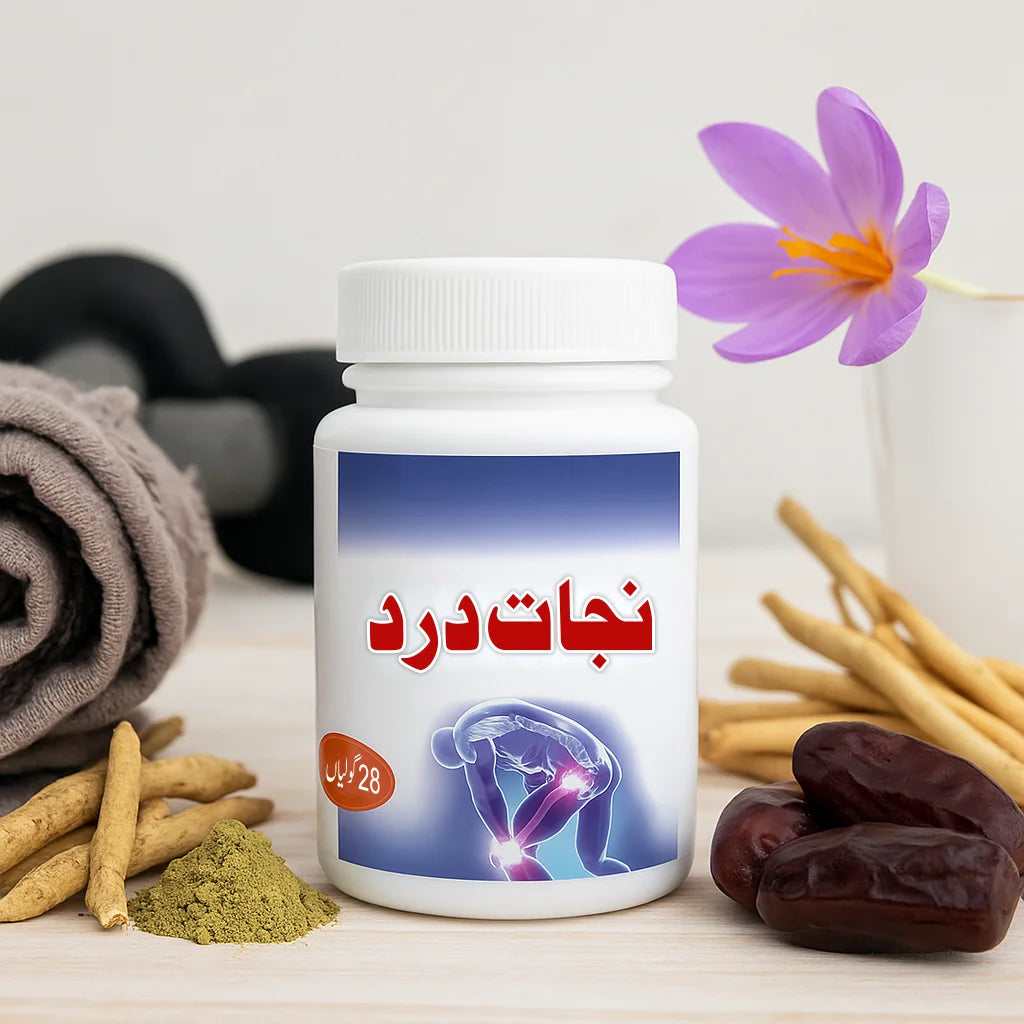 Hayat Dawakhana Nijat e Dard pain relief capsules shown with herbs dates saffron flower and fitness elements in a clean wellness background.
