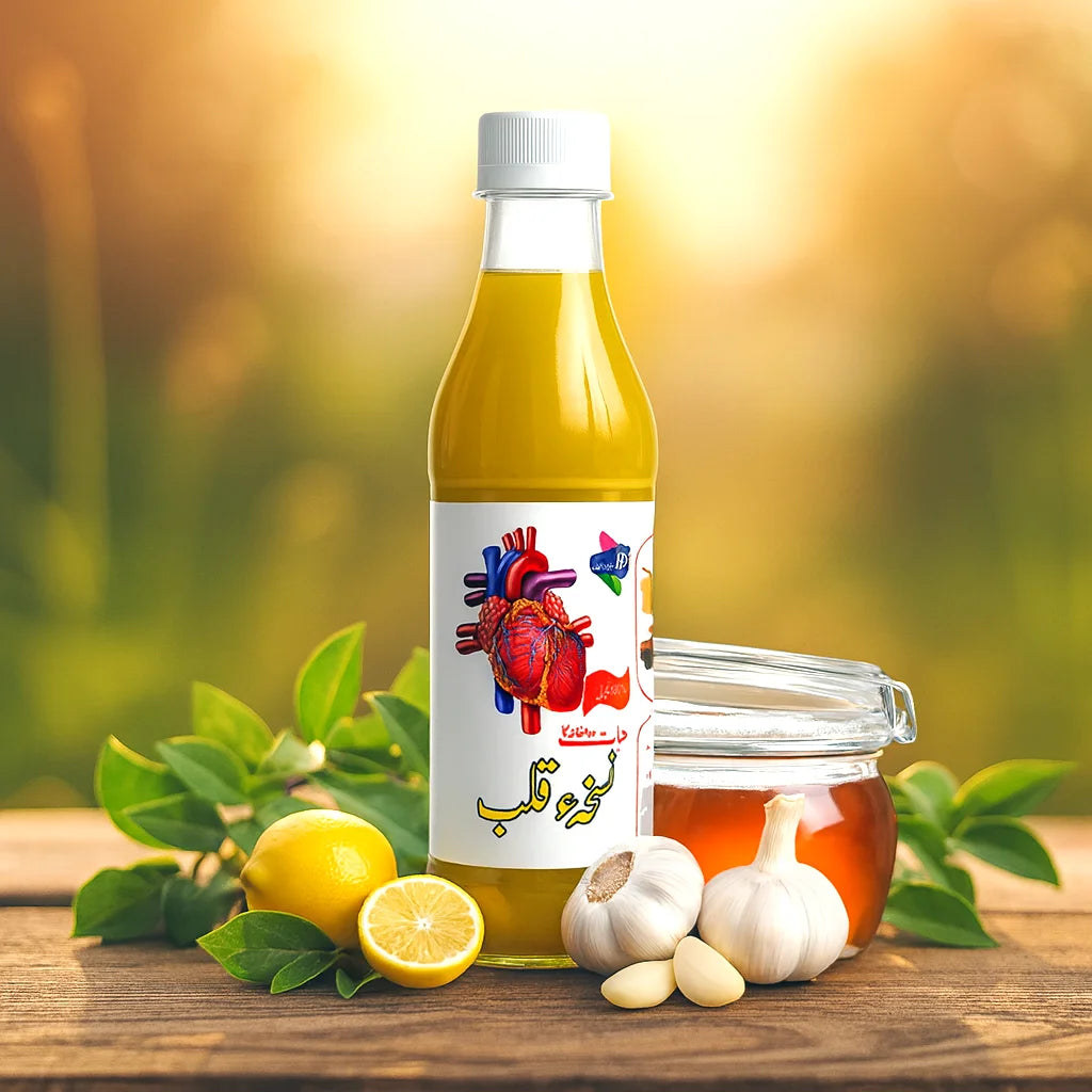 Herbal Nuskha e Qalb bottle with lemon, garlic, honey jar, and leaves displayed on a wooden table in natural sunlight.
