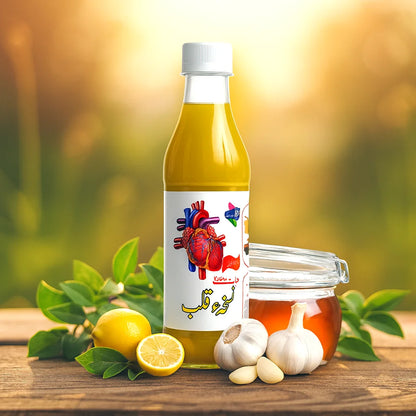 Herbal Nuskha e Qalb bottle with lemon, garlic, honey jar, and leaves displayed on a wooden table in natural sunlight.