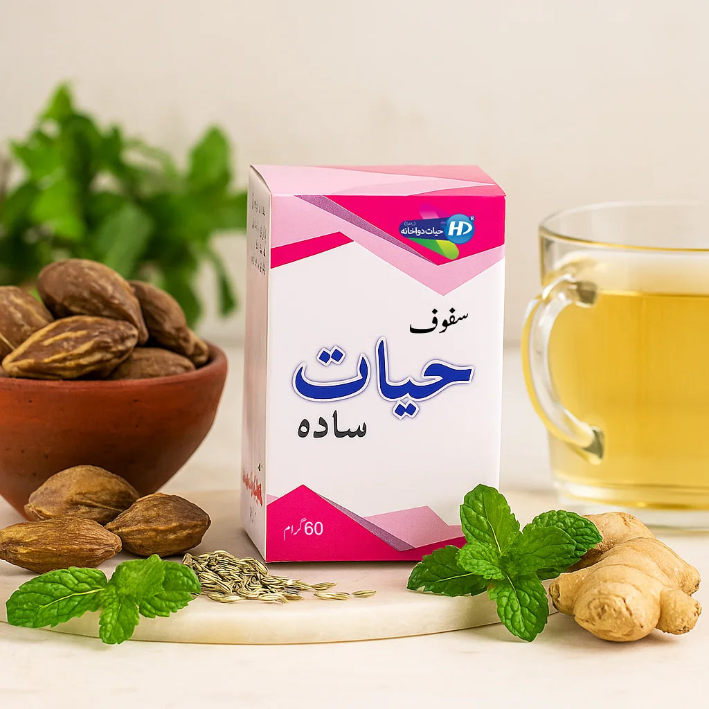 Hayat Dawakhana Safoof Hayat Sada digestive powder shown with mint fennel dried lemon and ginger beside a warm cup of herbal tea.