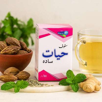 Hayat Dawakhana Safoof Hayat Sada digestive powder shown with mint fennel dried lemon and ginger beside a warm cup of herbal tea.
