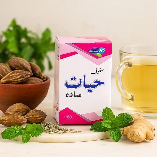 Hayat Dawakhana Safoof Hayat Sada digestive powder shown with mint fennel dried lemon and ginger beside a warm cup of herbal tea.