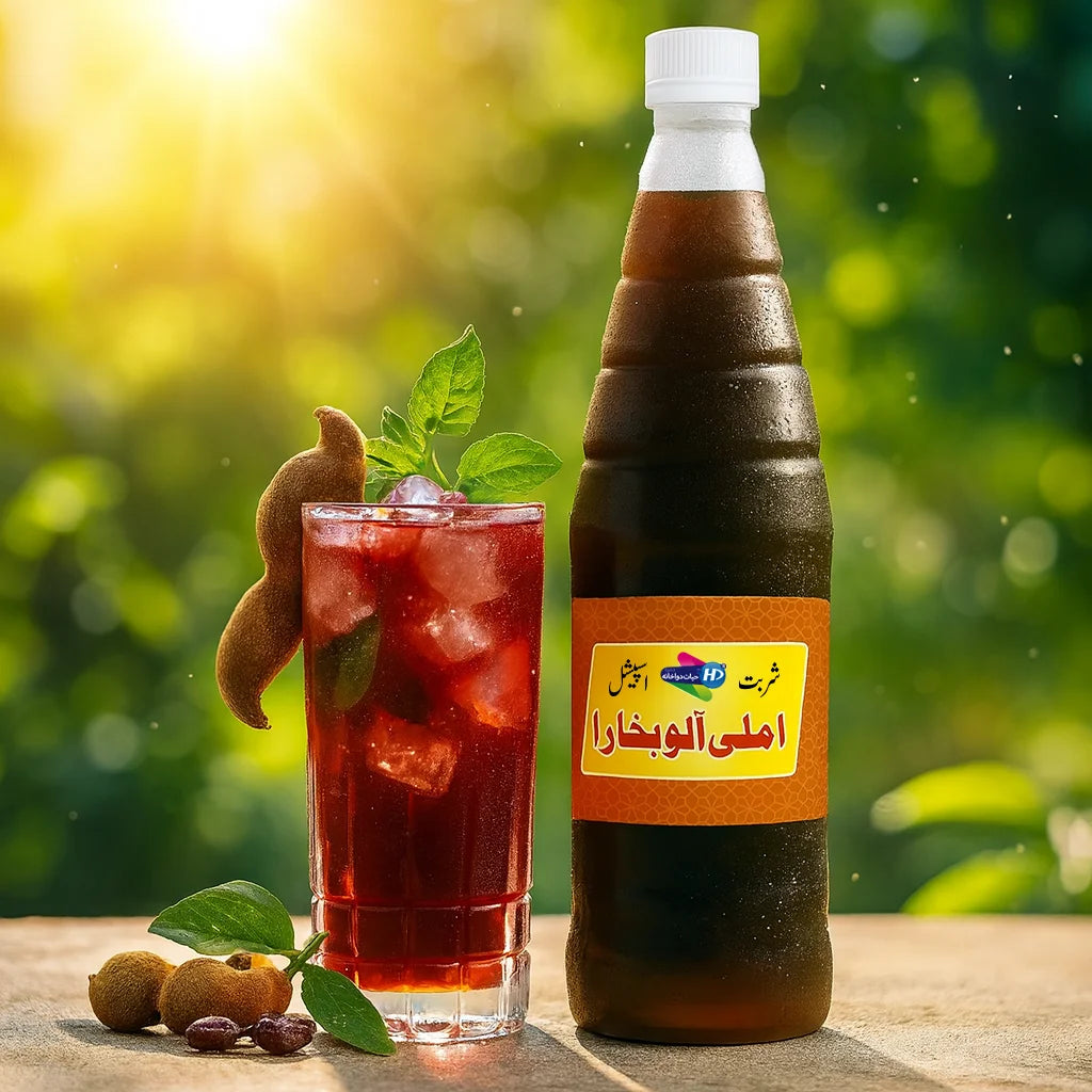 Refreshing Imli Alu Bukhara sharbat bottle displayed with ice-filled tamarind drink and natural sunlight in the background.