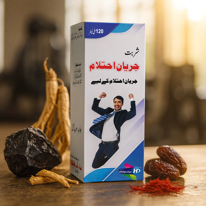 Sharbat Jaryan Ehtlam box displayed with natural ingredients including ginseng roots, saffron threads, and dates, placed on a wooden surface in warm indoor lighting.