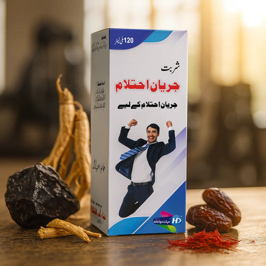 Sharbat Jaryan Ehtlam box displayed with natural ingredients including ginseng roots, saffron threads, and dates, placed on a wooden surface in warm indoor lighting.