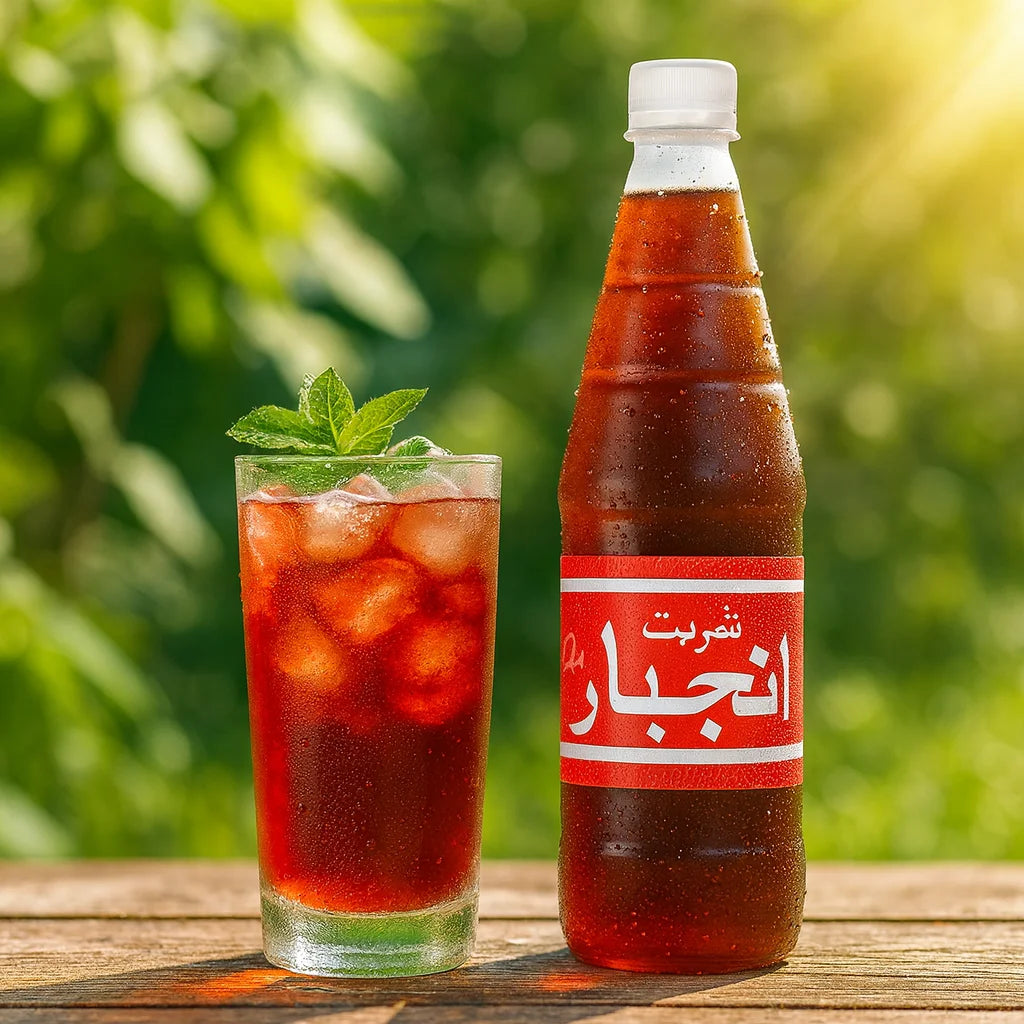 Sharbat Anjbar bottle with a glass of iced red herbal drink garnished with mint on a wooden table outdoors.