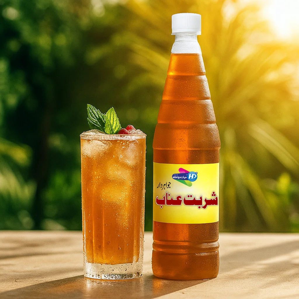 Sharbat e Anab Jawahirdar natural cooling herbal drink displayed with an iced glass and mint leaves in a fresh sunny background.