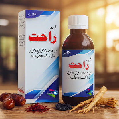 Sharbat-e-Rahat bottle and box by Hayat Dawakhana displayed with dates, saffron, and herbal ingredients on a wooden table.