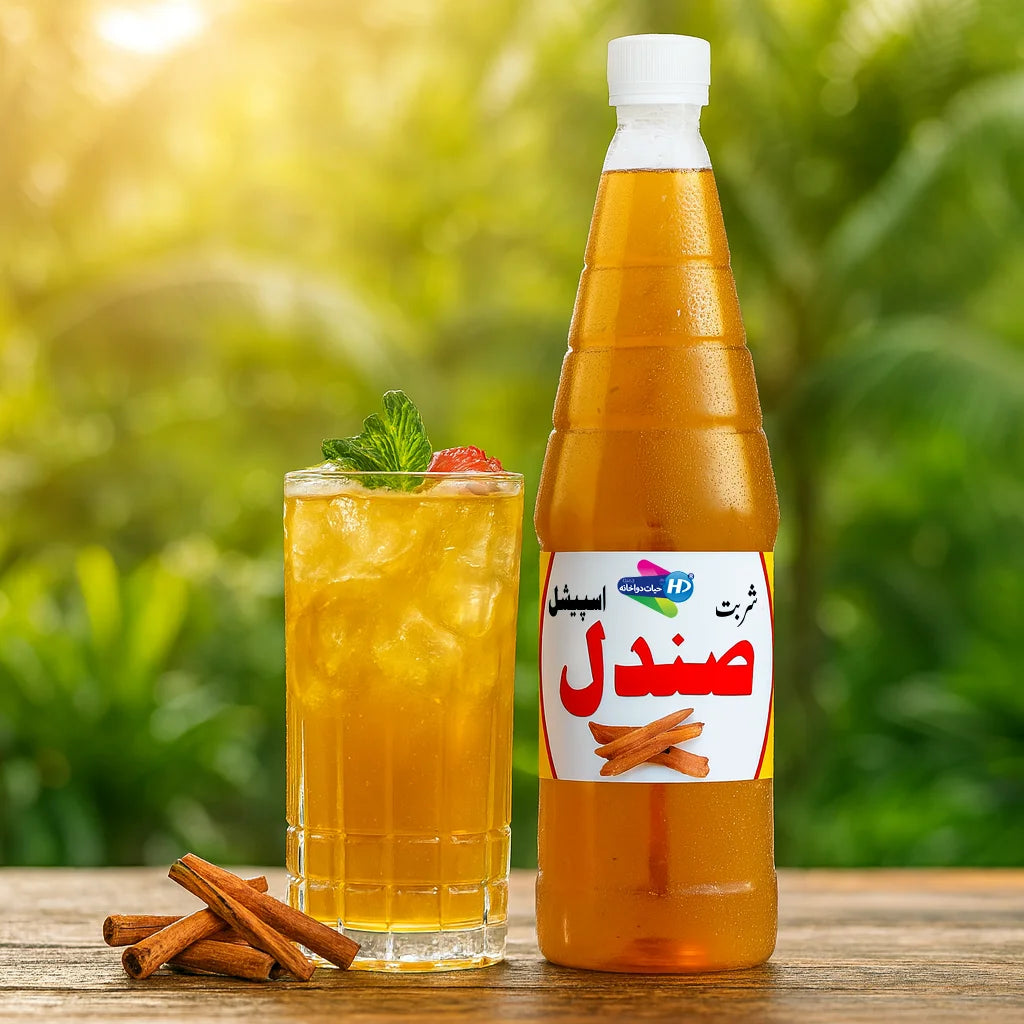 Sharbat Sandal bottle beside an iced sandal drink with mint garnish and cinnamon sticks on a wooden table in natural sunlight.