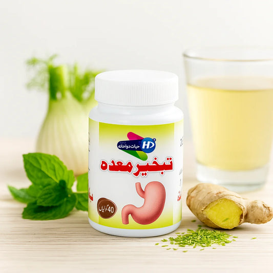 Tabkheer e Maida herbal relief tablets for gas and bloating displayed with mint fennel ginger and tea in a soothing natural background.