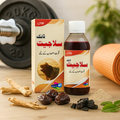 Hayat Dawakhana Tonic Salajeet nerve strength syrup shown with shilajit, dates ginseng roots and fitness elements in a clean wellness background.