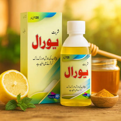 Hayat Dawakhana Yural syrup bottle and packaging displayed with lemon, honey jar, turmeric powder and fresh herbs in a bright herbal setting.