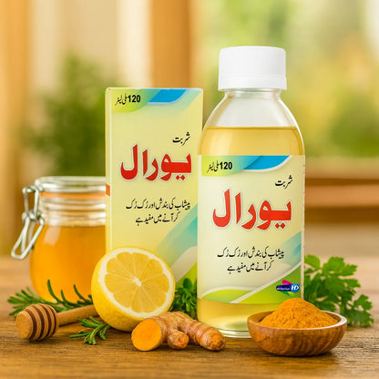 Hayat Dawakhana Yural syrup bottle and box placed with lemon, turmeric, honey and herbs on a wooden table, captured in warm natural light.